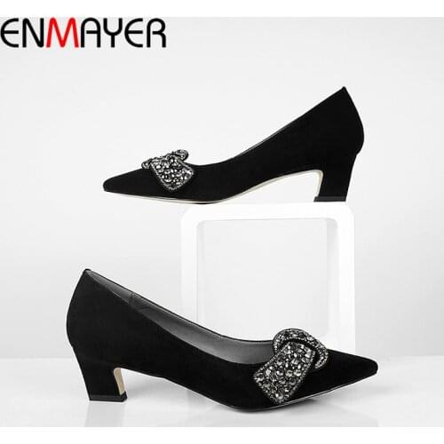 ENMAYER 2020 Elegant High Heels Kid Suede Pointed Toe Wedding Ladies Shoes Slip-On Women Pumps Basic Square Heel Shoes Woman