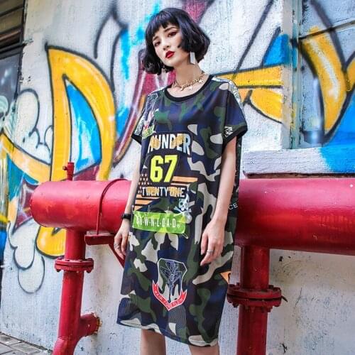 TREND-Setter 2018 Summer Camouflage Mesh T shirt Women Casual Letters "67" Printing Loose Long Tee