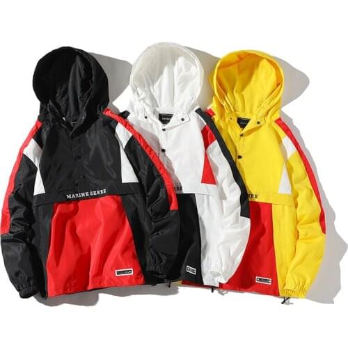 Spring Autumn Patchwork Jacket Men Casual Hip Pop Streetwear Hooded Loose Zipper Windbreaker Jacket Color Block Pullover Male