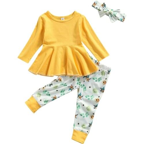 2021 0-3Y Kids Baby Girl Clothing Sweet Autumn Yellow Solid Color Long Sleeve Flouncing Hem Dress Top+Floral Printing Pants 3pcs