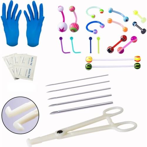 HONGTU Piercing Set Acrylic Nose Lip Tongue Piercings Navel Ring Industrial Earring Body Piercing Tools Kit Clamp Gloves Needles