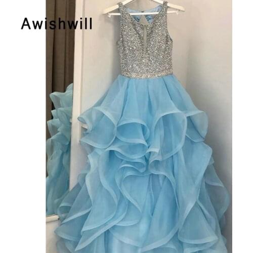 New Fashion 2020 Ball Gown Prom Dress Open Back Sleeveless Crystal Beadings Organza Blue Evening Dress Long Formal Party Dress