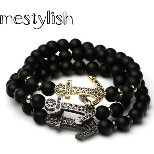 New Style Buddha Bangle Brand Mens Bracelet Lava Beads Bracelet Charm Micro Pave Black CZ Boat Anchor Bracelet For Men Women