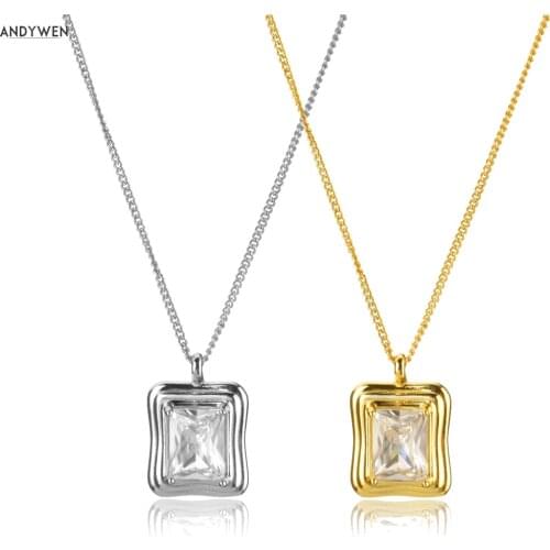 ANDYWEN 925 Sterling Silver Gold Big Square Zircon CZ Charm Necklace Long Chain Pendant Jewelry Luxury Women Rock Punk Jewels