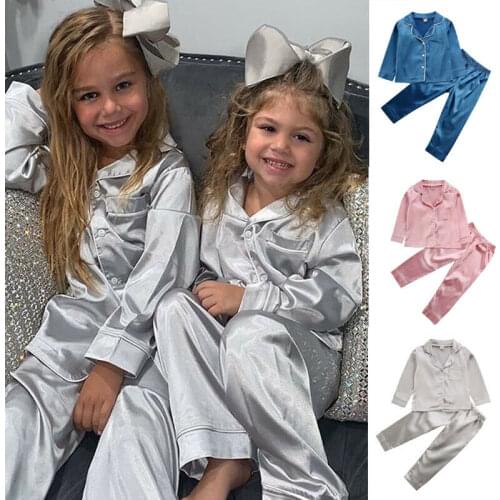 Toddler Boy Girl Silk Satin Top Pant Pajamas 2020 Long Sleeve Solid Button-Down Pyjamas Satin Set Child Sleepwear Nightgown