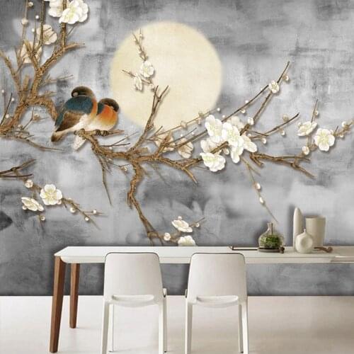 Custom 3D Photo Retro New Chinese Style Hand Painted Moon Flowers Birds Wall Murals Bedroom Living Room Decor Wallpaper Fresco