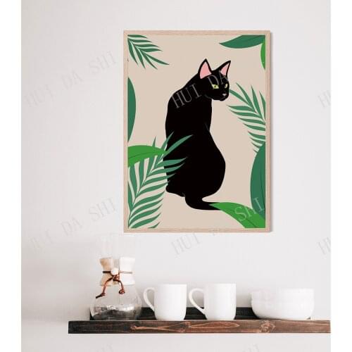 Plant cat, Cat art, Modern art cat print, Affiche chat jaune, Funny kitchen poster, Black cat drawing, Cat plant illustration