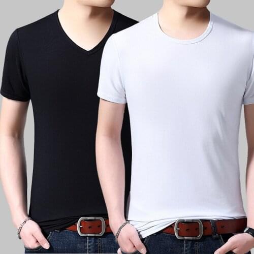 Mens Round Neck Stretch Slim Short Sleeve Mens Youth Solid Color Bottoming Shirt Clothes T-shirt Streetwear CN(Origin) COTTON