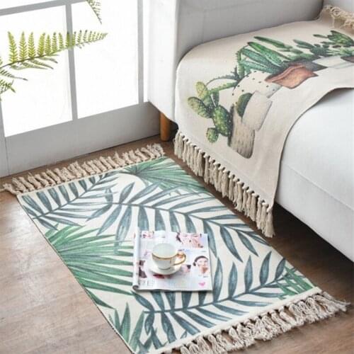 Retro Bohemian Hand Woven Cotton Linen Area Rugs with Tassels Geometric Kitchen Floor Entrance Doormat Carpets for Living Room