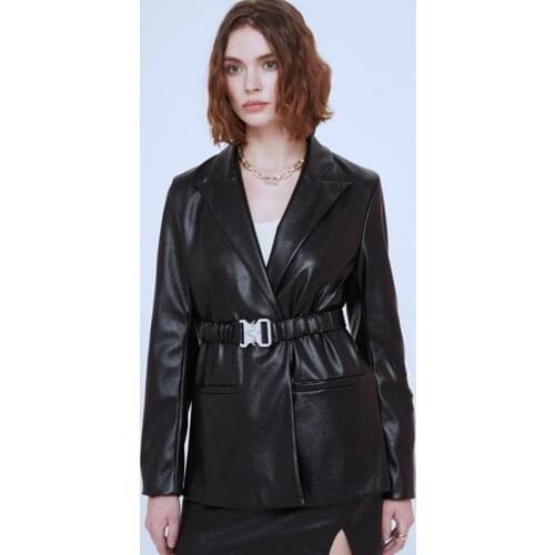 2021 New Black Leather Jacket for Women Suit Collar Jackets Coat Female Belted Fashion Slim PU Faux Leather Jacket Outerwear