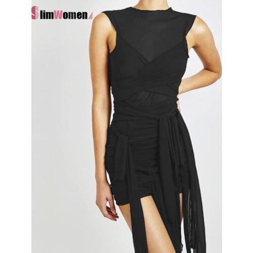 Women Lolita Mesh See Through Bandage Dress Party Bodycon Dress Summer Sexy Clubwear Mini Dress Sleeveless Basic Female Outfits