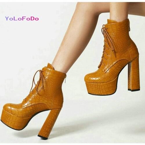 2021 Autumn Winter Women Ankle Boots Platform Square High Heel Ladies Boots Stone Print PU Leather Women Lace Up Boots Big Size