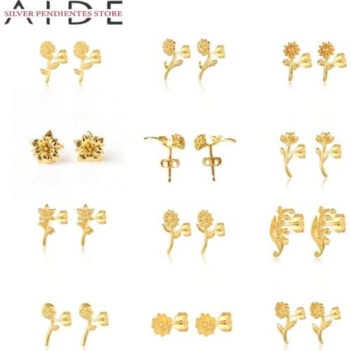AIDE INS Flower Silver 925 Earrings For Women Small Ear Piercing Stud Earrings Gold Jewelry Earrings Boucle D’oreille
