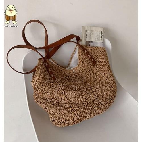 Beibaobao 2021 Summer Straw Beach Tote Bag Travel Shopper Weaving Shopping Bags Hand-woven Womens Shoulder Handbag