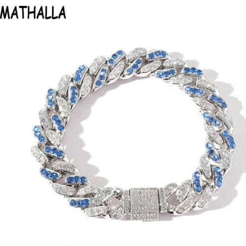 MATHALLA 12mm Cuban Chain Chain Bracelet Bling Ice Out Blue White Cubic CZ Crystal Bracelet Hip Hop Mens Jewelry Gift