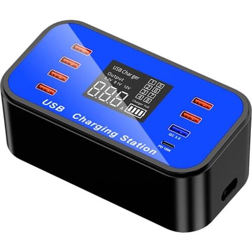 Fast USB Charger 8-Port Desktop Hub Charging Station USB PD-18W QC 3.0 With LCD Display for iOS Android Phone Tablet