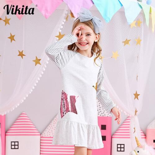 VIKITA Kids Dresses for Girls Costume Long Sleeve Cotton Princess Dress Children Clothes Reversible Sequined Baby Girls Dress