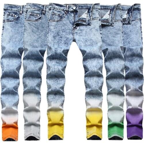New Mens Snow Washed Gradient Contrast Candy Color Jeans Streetwear Colored Slim Straight Stretch Denim Pants Trousers 7125