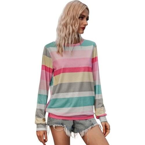 2021 Oversized Tee Shirt Women Striped Color Print Fashion New Womens Tops Summer Long Sleeve Casual Loose Streetwear T Shirts