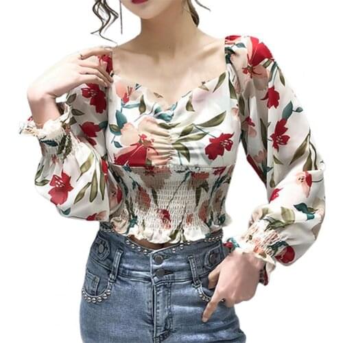 Women T-Shirts Sweet Square Neck Long Sleeve Top Floral Print Sexy Sexy Waist Tight T-shirt vêtement femme футболка женский 2021