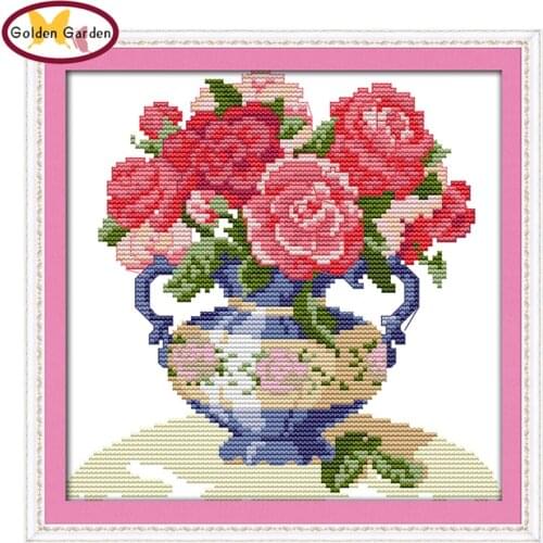 GG The Peony Vase Joy Sunday Cross Stitch Needlework Embroidery Sets Craft Handmade Counted Cross Stitch Patterns for Home Decor