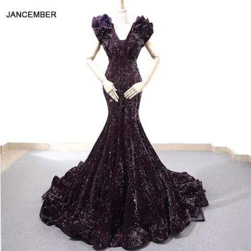 J66736 jancember purple mermaid evening dress v-neck special cap sleeves trumpet long dress evening gown vestido de noiva sereia
