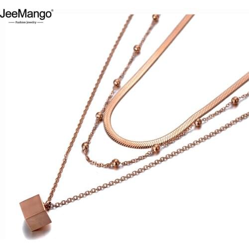JeeMango New Bohemia Titanium Stainless Steel Three-layer Square Choker Necklaces Pendant Chain Link Necklace For Women JN20014