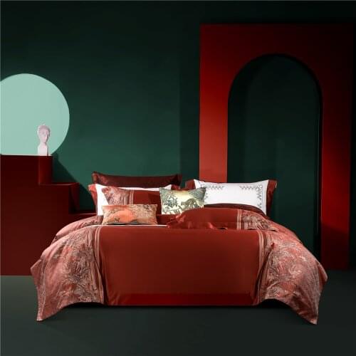 4 Pieces Bedding Sheet Set for Queen Size Bed Linen Luxury Jacquard Leaves Duvet Cover Pillowcases 120S Egypt Cotton Red Spreads