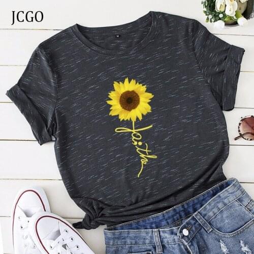 JCGO Summer T-Shirt Women Plus Size S-5XL Cotton Sunflower Print Female Short Sleeve Tshirts Casual Fashion Lady Tops Tee 2020