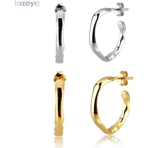 LOZOYA 925 Sterling Silver Gold Plain Luxury Jewelry Geometric 18mm Hoops Earring Piercing Pedniente Ohrringe 2021 Rock Punk