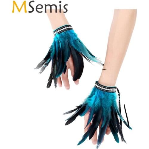 MSemis 1 Pair Feather Wrist Cuffs Faux Pearl/Lace Real Decor Natural Dyed Rooster Feather Arm Cuffs Halloween Party Costume