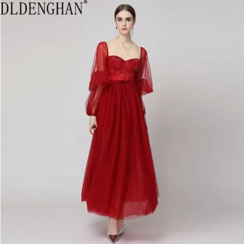 DLDENGHAN Fashion Runway Designer Autumn Long Mesh Dress Women Square Collar Puff Sleeve Beading Elegant Party Solid Dresses