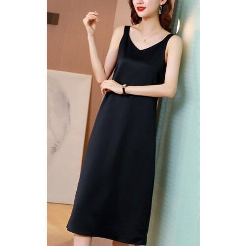 Fashion elegant High Quality Womens V-neck Dress Summer Slim Middle length Woman Dresses Very Soft Smooth black dress
