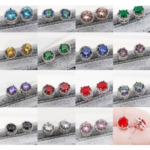 Trendy Stud Earrings Pink Red Blue Black White Round Stone Copper For Women Girl Fashion Jewelry Accessories Eardrp Wedding Gift