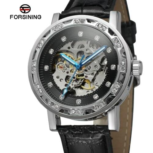 Forsining Top Brand Mens Casual Style Automatic Movement Skeleton Leather Strap Wrist Watch with Stone On Sale FSG8012M3