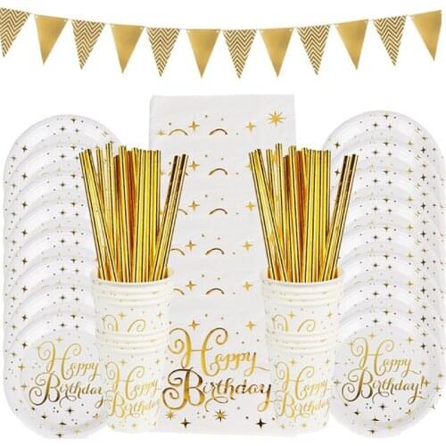 Golden Disposable Paper Plate Cup Straw and Napkin Tableware Set Adult Children Birthday Party Supplies Golden Theme