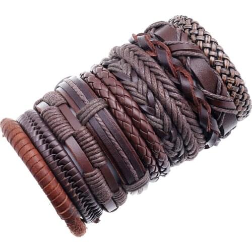 10pcs/lot Handmade Ethnic Tribal Genuine Wrap Charming Male Women Pulsera Black Braided Leather Bracelets Punk Bangles