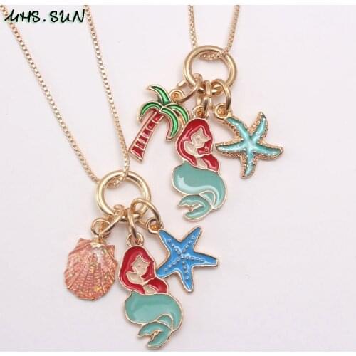 MHS.SUN 1PC fashion cartoon mermaid pendant necklace cute baby kids gold chain necklace starfish choker for girls birthday gift