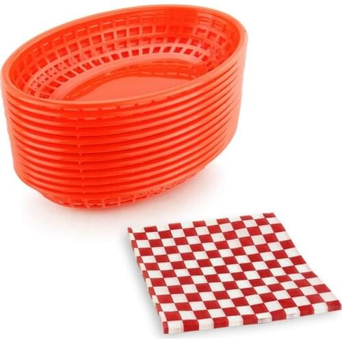 12pcs Plastic Oval Food Serving Basket and 24pcs Burger Wrapping Paper French Fries Basket Plastic Picnic Plate Bread Paper