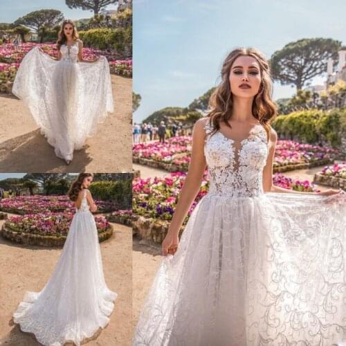 V Neck Beach Wedding Dress Sleeveless Tulle Sweep Train Lace Applique vestido de noiva 2019 robe de mariee