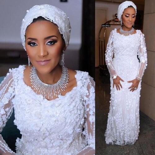 Luxury Lace Mermaid Wedding Dresses with Detachable Train Square Neck Long Sleeve Flower Beading Africa Bridal Gowns 2019