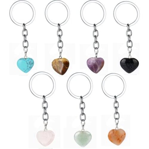 Rose Pink Tiger Eye Heart Charm Natural Stone Key Chains Rings Crystal Quartz Keyring Gifts Women Men Keychains Jewelry Presents