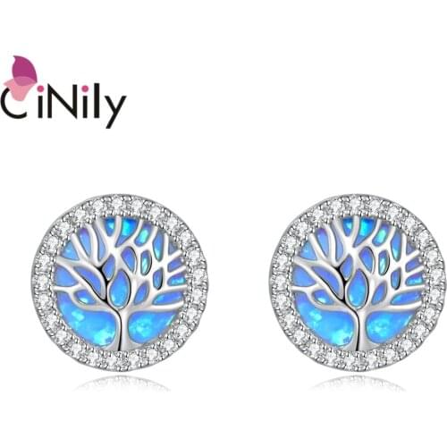 CiNily Tree of Life Blue & White Round Opal Silver Plated Fashion Jewelry Stud Earrings for Spring Girl Woman Jewelry Earring