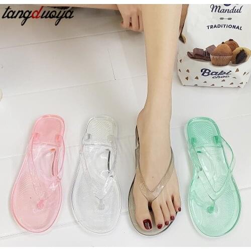 Summer flip-flops female flat transparent beach shoes womens sandals non-slip summer crystal bathroom slippers plastic