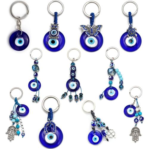 Turkish Lucky Blue Evil Eye Glass Keychain Owl Tortoise Butterfly Hamsa Pendant Charms Bag Car Key Chain Ring for Women Men Gift