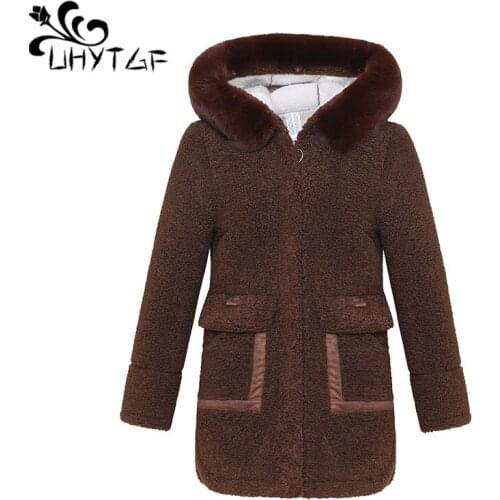 UHYTGF Quality Sheep Shearing Winter Woolen Coat Womens Fashion Hooded Casual Warm Jacket Elegant Mom 5XL Plus Size Outwear 1468