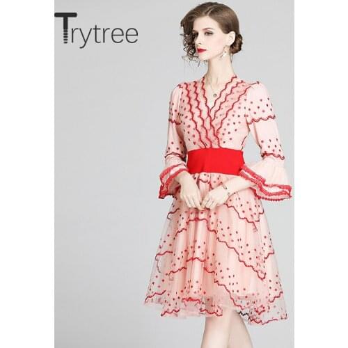 Trytree 2020 Spring Autumn Casual Dress Women V-neck Lace Patchwork Mesh Three Quarter Flare Sleeve A-line Knee-Length Dress