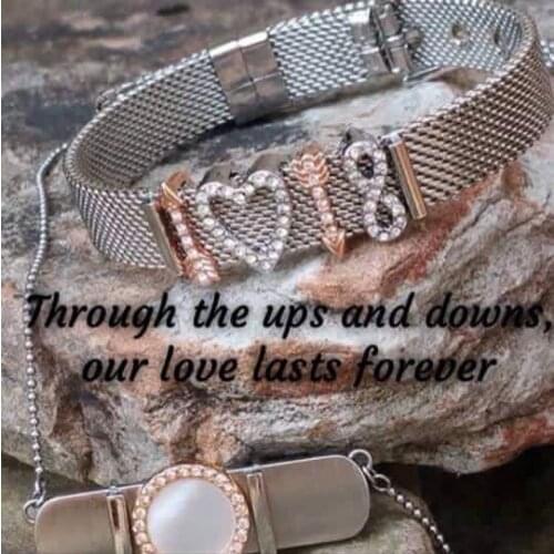 Vinnie Design Stainless Steel Mesh Bracelet with 4pcs Slide Charms Infinity Love Keys Wrap Bracelets as Valentines Day Gift