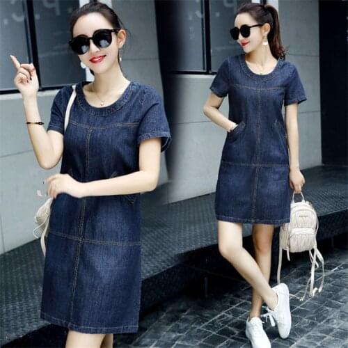 High quality fashion new XL short sleeve A word denim dress Medium length womens new summer solid color loose denim dress s43