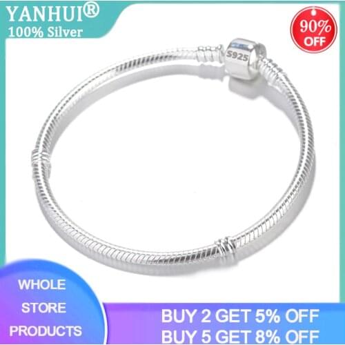 YANHUI With Certificate Women 100% Original 925 Solid Silver Snake Chain Bangle&Bracelet Fit Charms Beads DIY Gift Jewelry HS925